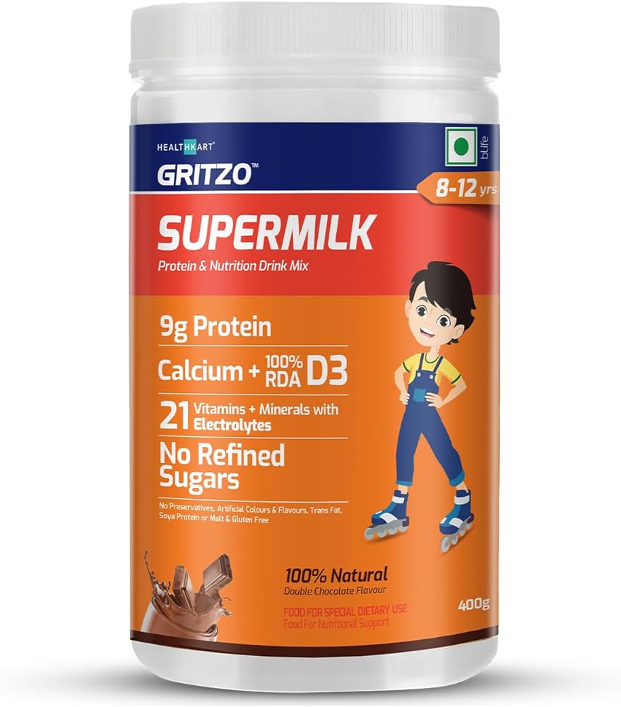 Gritzo SuperMilk 8-12 y (Young Athletes), Health Drink for Kids, High  Protein (9 g), with Calcium, Vitamin D3, 21 Vitamins & Minerals,  Electrolytes, Zero Refined Sugar, 100% Natural Double Chocolate, 400 g :