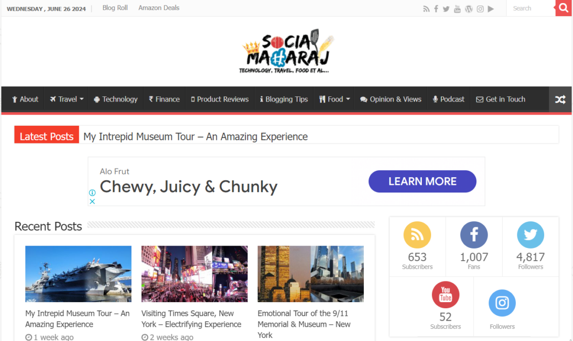 Social Maharaj (Tech, Travel & Food reviews affiliate website example)